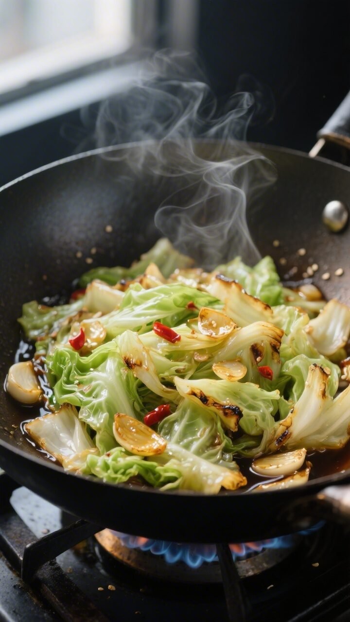 Cooking process close-up: Tender-crisp cabbage stir fry sizzling in a carbon-steel wok over high hea