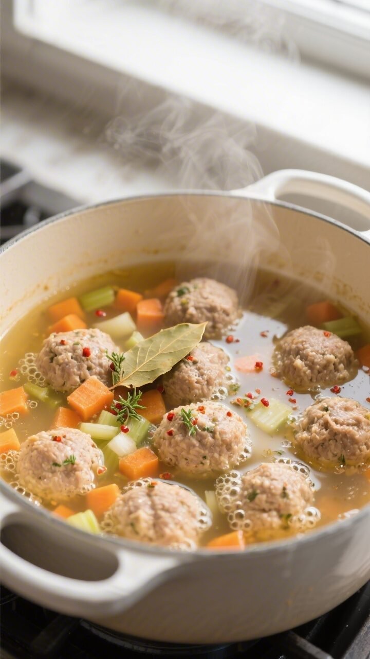 Cooking process close-up: Tender turkey meatballs gently simmering in a golden, aromatic chicken bro