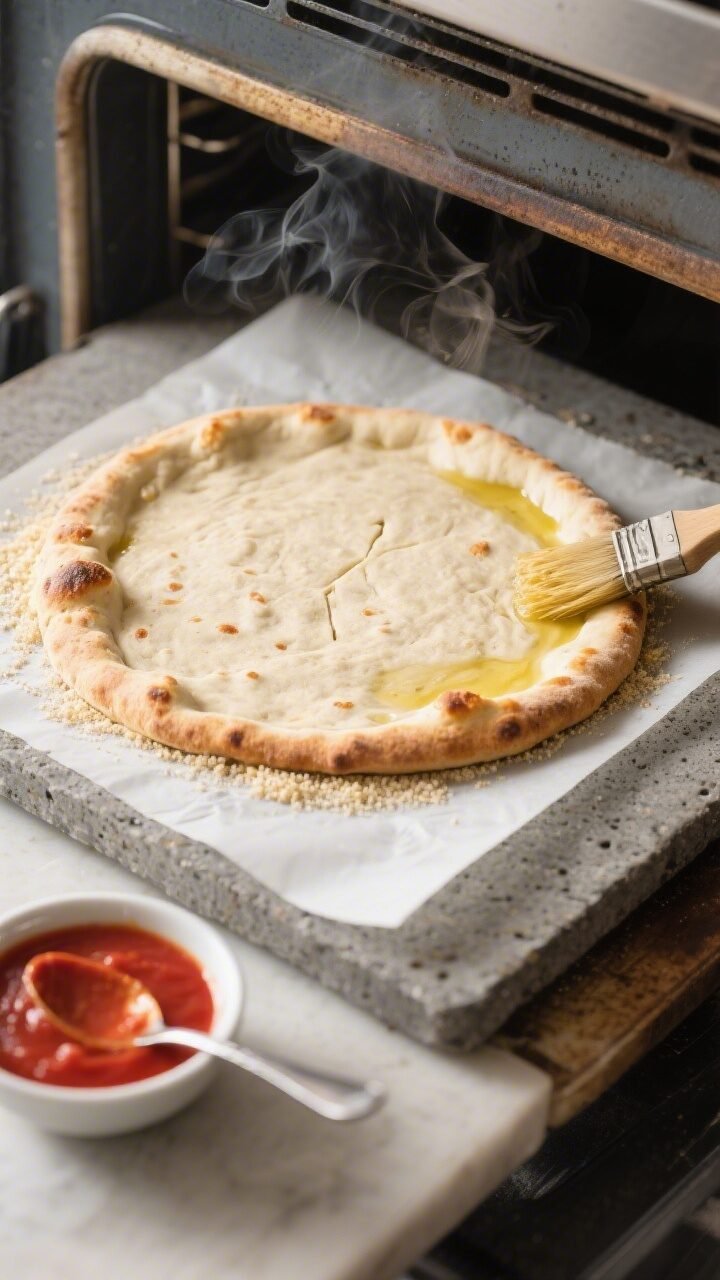 Cooking process — par-bake moment: Overhead shot of a par-baked gluten-free pizza crust just pulle