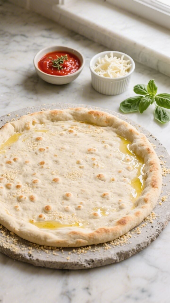 Cooking process: Par-baked quick pizza crust on a preheated pizza stone, overhead shot. The plain cr