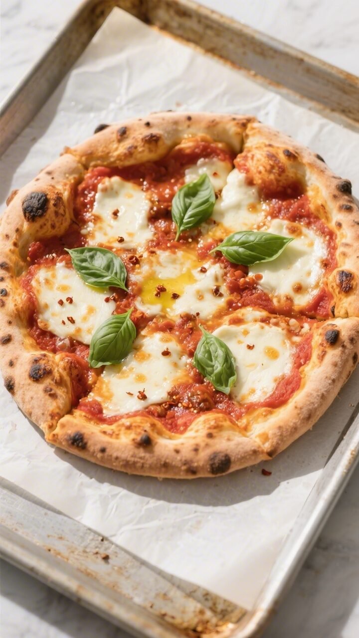 Final dish: Beautifully baked 30-minute pizza, top-down hero shot. A 12-inch medium-thin crust with