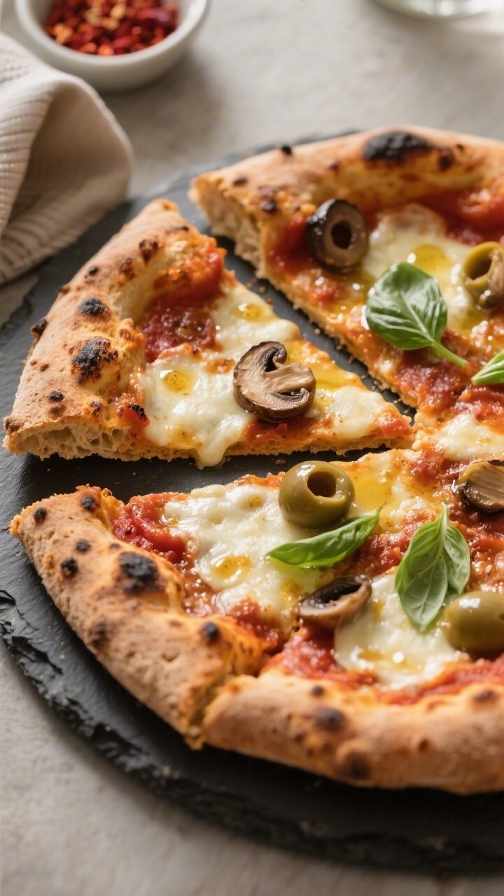 Final dish — golden, blistered finish: Close-up, 3/4 angle of a finished gluten-free pizza on a da