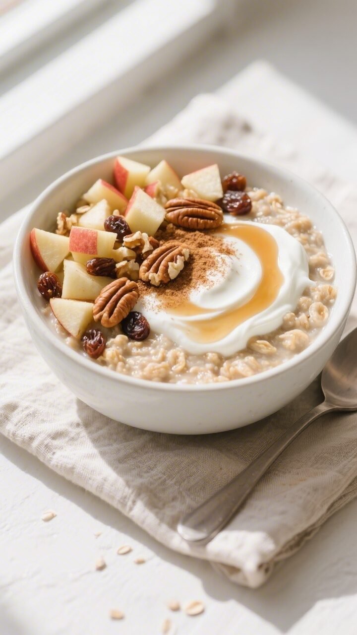 Final dish — Overhead shot of a Healthy Apple Oatmeal Breakfast Bowl: thick, creamy oats swirled w