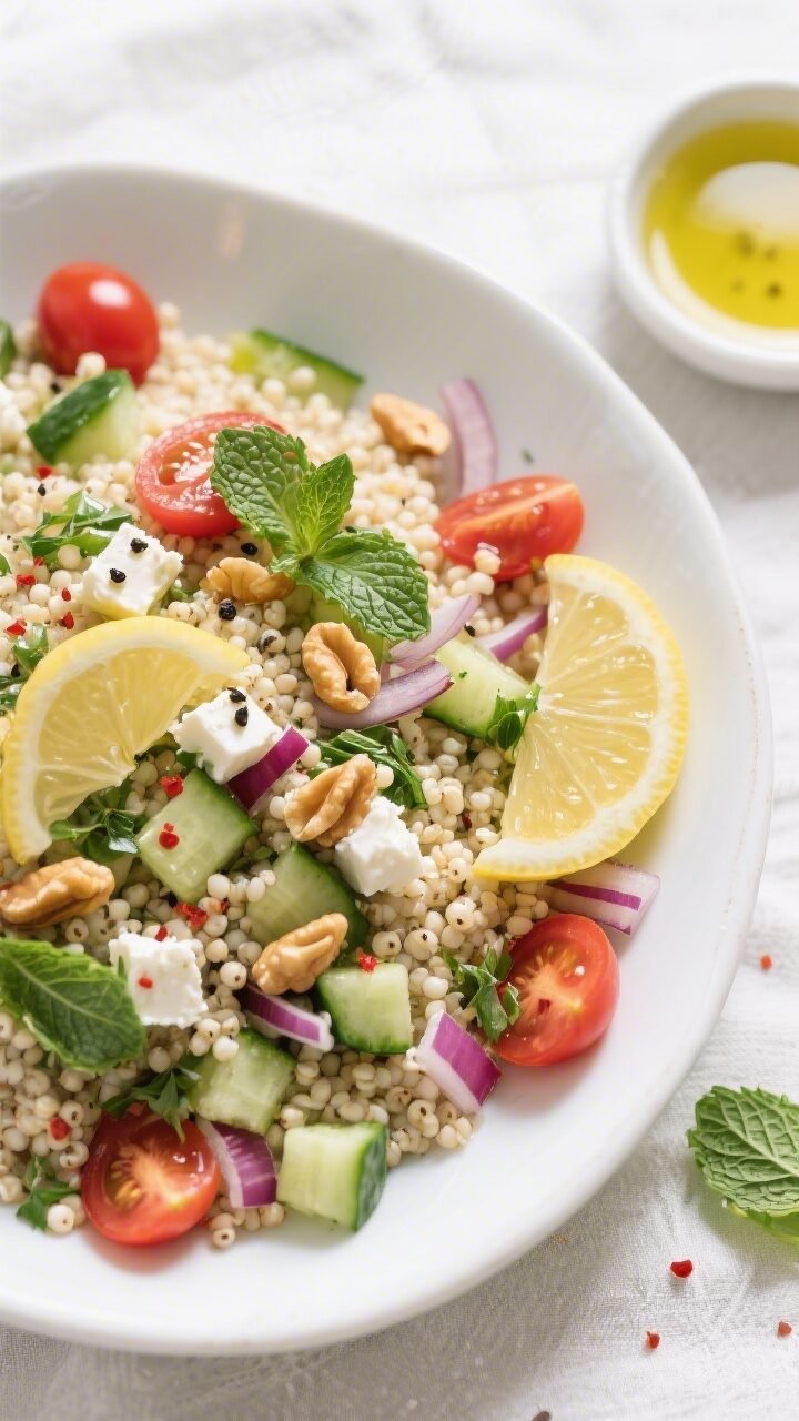 Final dish overhead: top-down shot of Lemon Herb Pearl Couscous Salad fully assembled in a wide, sha