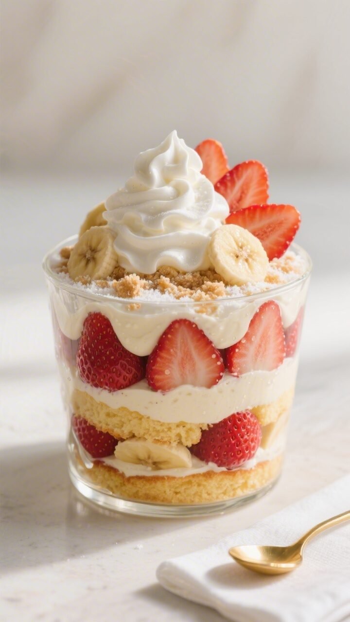 Final dish presentation: Close-up, three-quarter angle hero shot of the finished Strawberry Shortcak