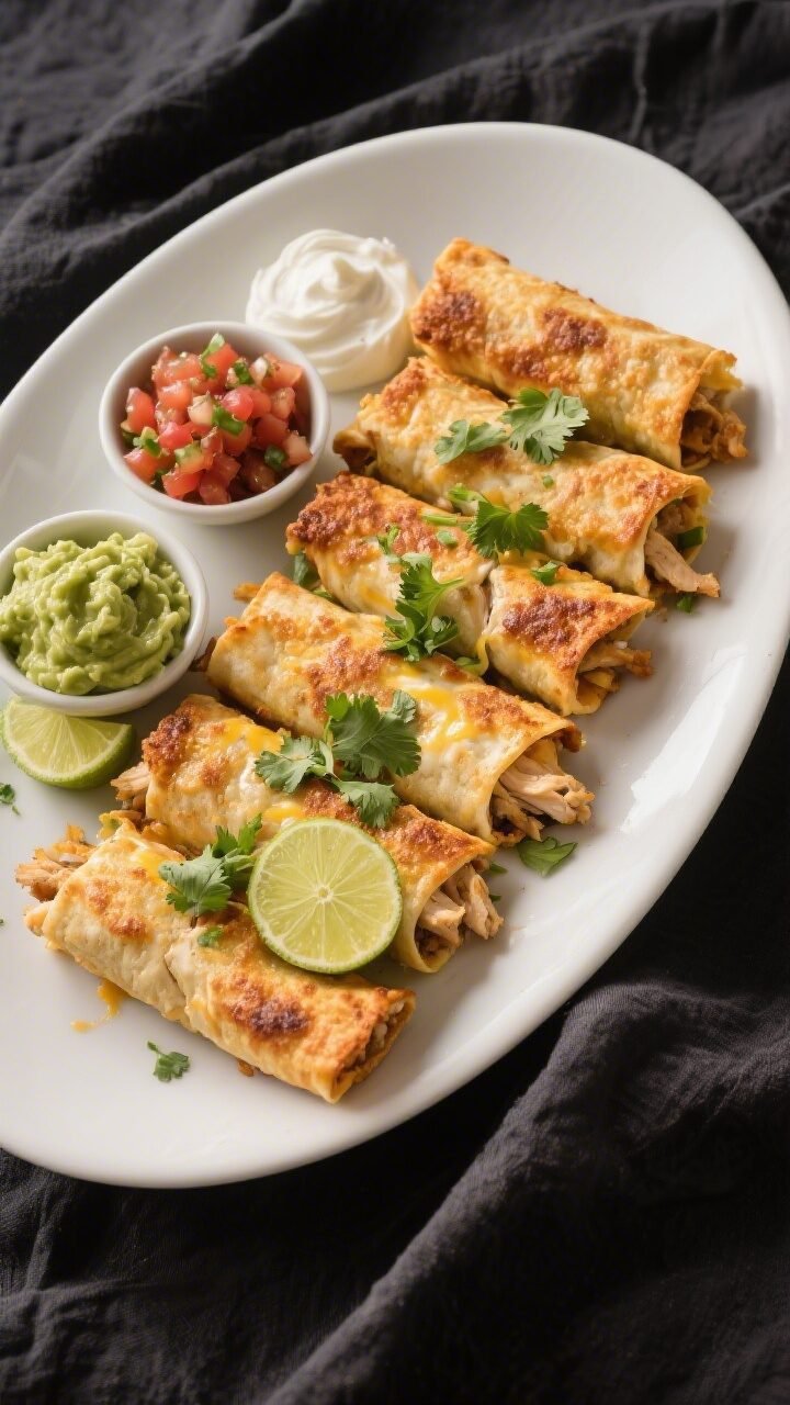 Final dish, tasty top view: Overhead shot of a platter of crispy baked chicken flautas arranged in a
