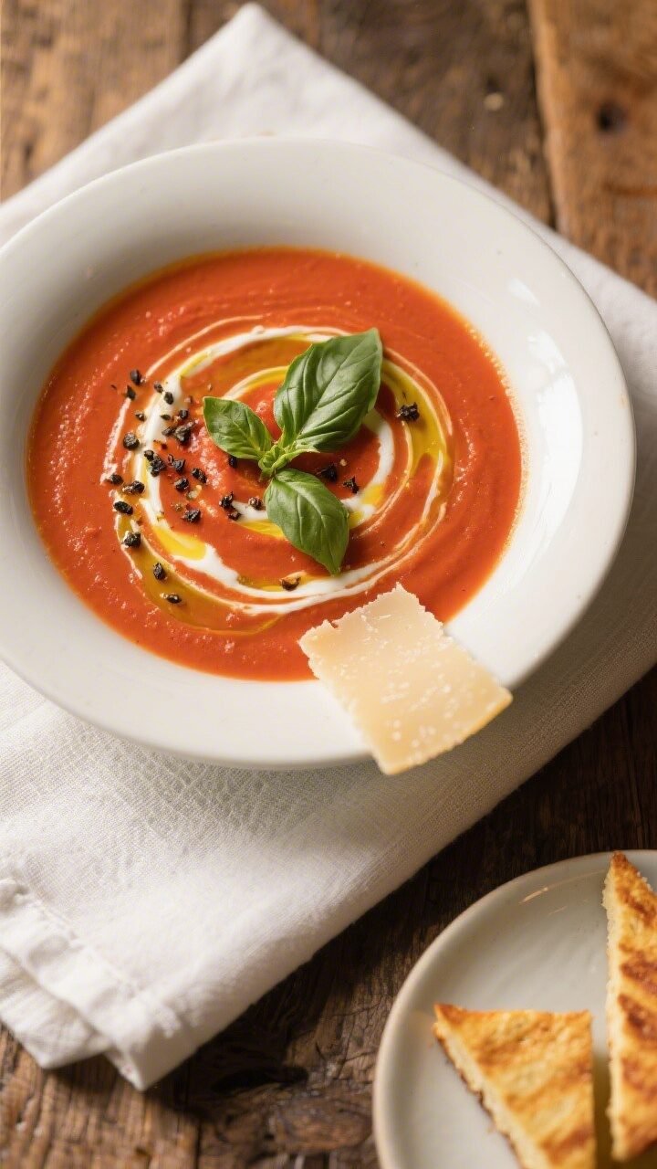 Final dish, tasty top view: Overhead shot of a velvety roasted tomato basil soup in a wide, matte-wh