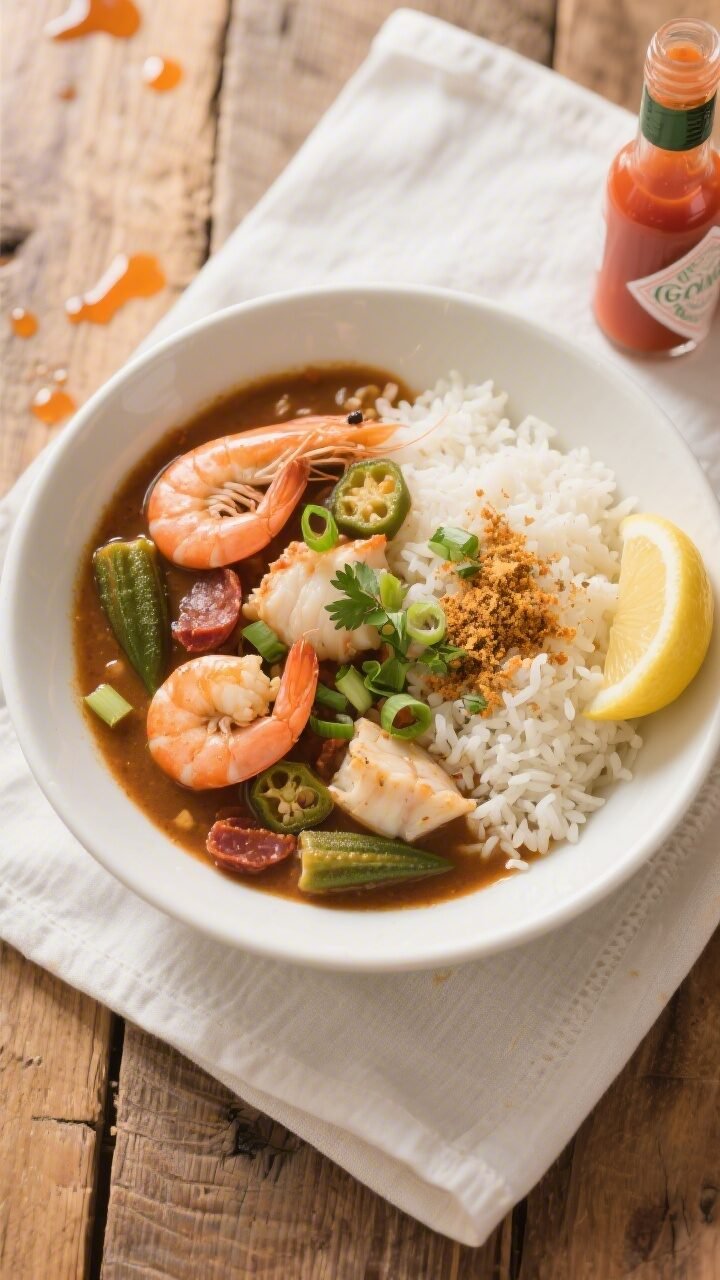 Final dish, tasty top view: Overhead shot of authentic seafood gumbo ladled over fluffy long-grain w