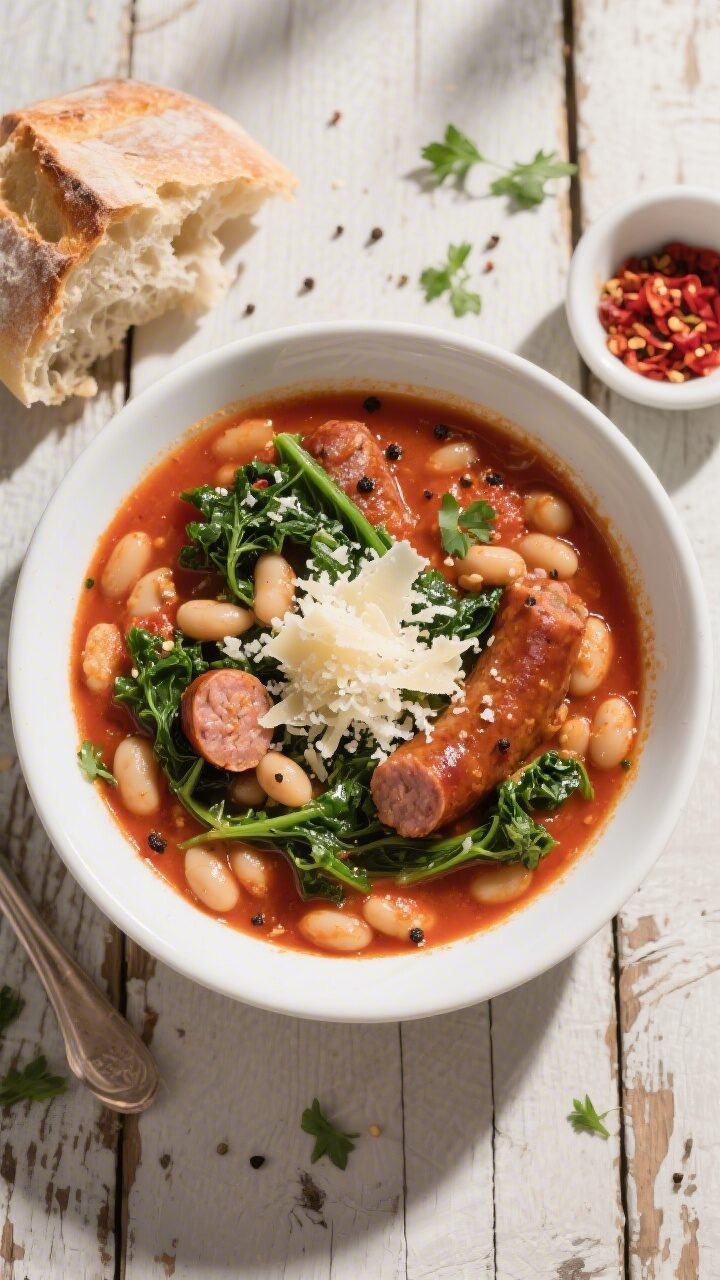 Final dish, tasty top view: Overhead shot of Classic Italian Sausage Soup in a wide white bowl—rus