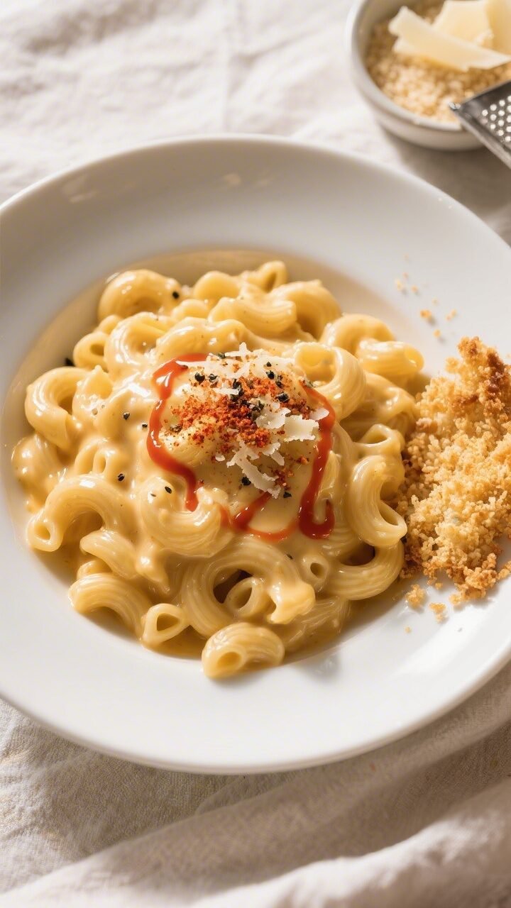 Final dish, tasty top view: Overhead shot of extra-velvety stovetop mac and cheese made with elbow m
