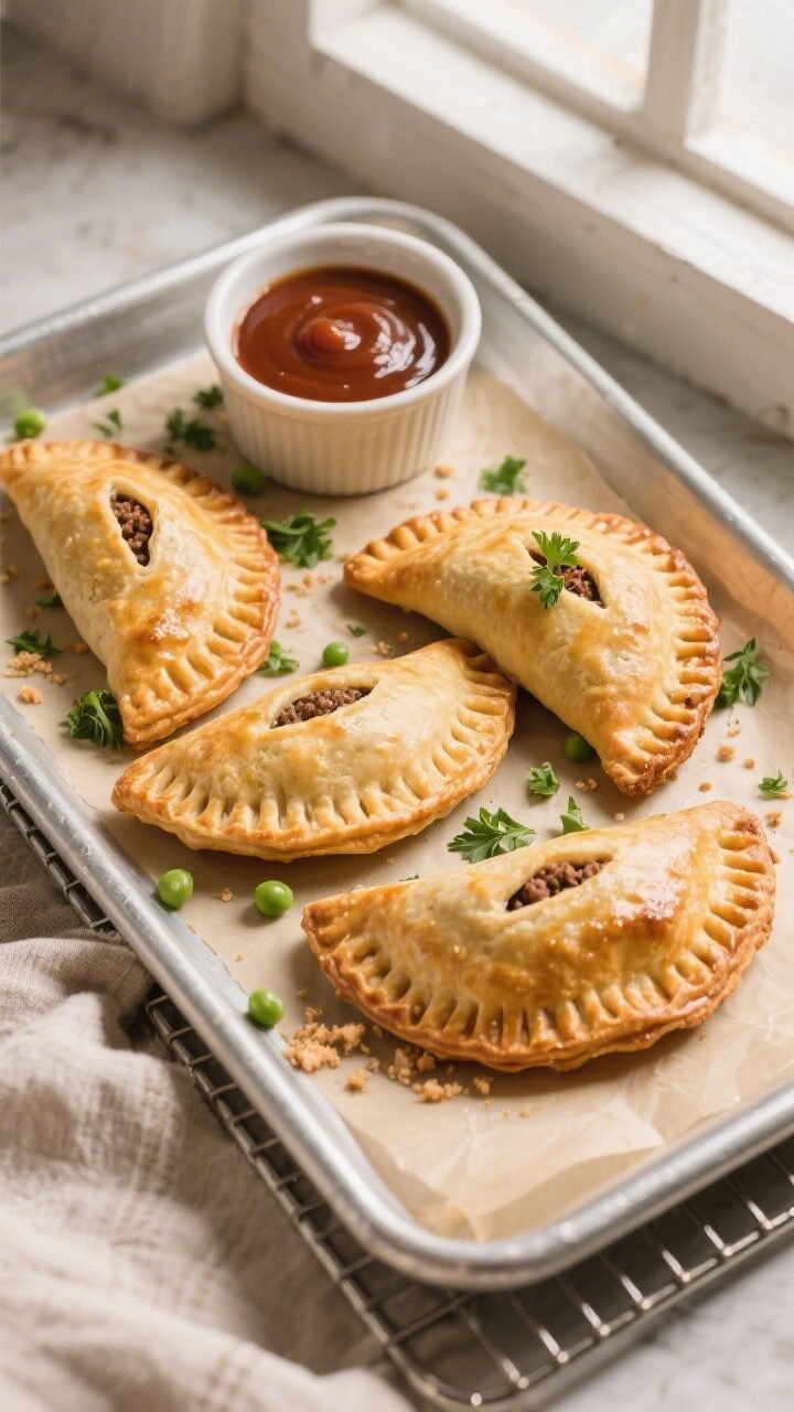 Final dish, tasty top view: Overhead shot of freshly baked minced beef hand pies on a parchment-line