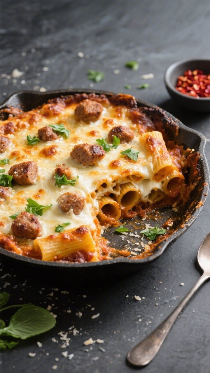Final dish, tasty top view: Overhead shot of freshly baked rigatoni with sausage, top golden and bub
