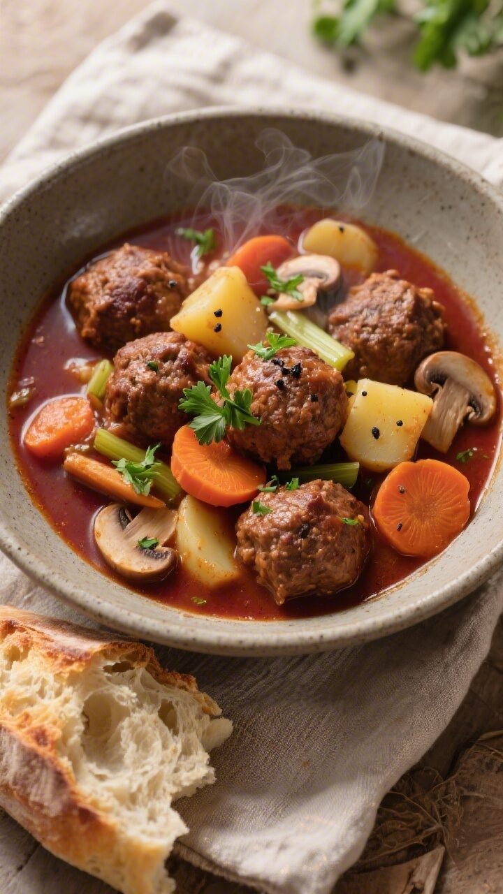 Final dish, tasty top view: Overhead shot of Hearty Game Meatball Stew ladled into a wide, matte sto