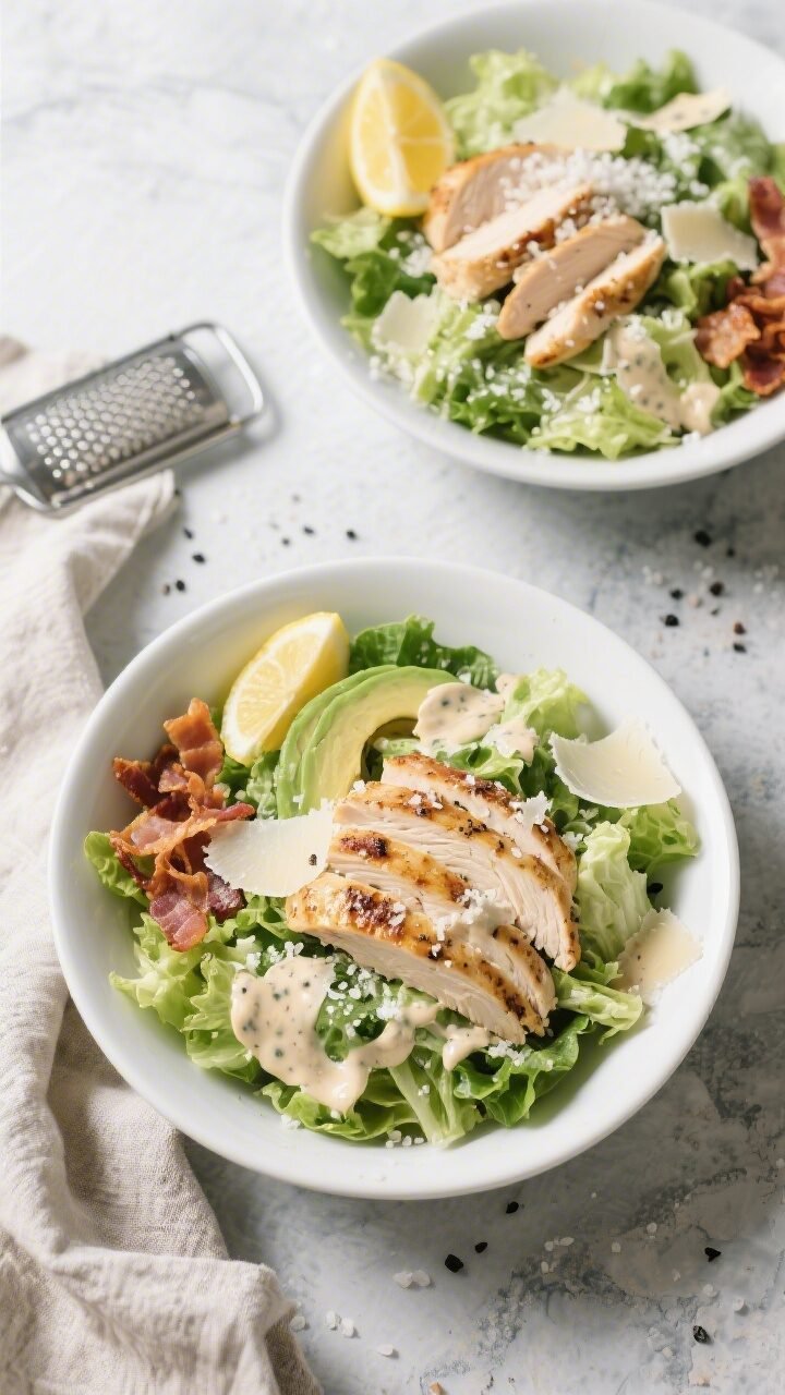 Final dish, tasty top view: Overhead shot of Keto Chicken Caesar Salad bowls—crisp chopped romaine