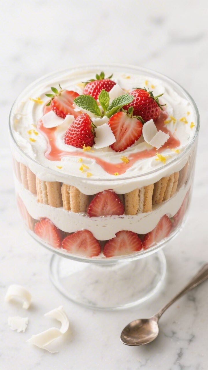Final dish, tasty top view: Overhead shot of the finished Strawberry Tiramisu Trifle in a clear glas