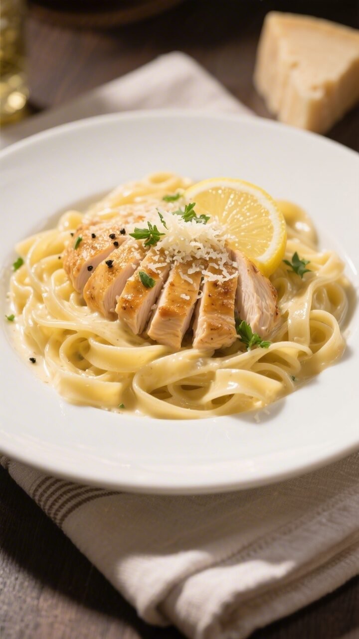 Final dish, top view: Overhead shot of Classic Fettuccine Alfredo with Chicken twirled into soft nes