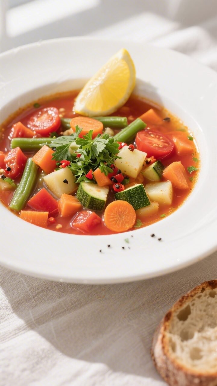 Final dish, top view: Overhead shot of Low-Fat Mixed Veggie Soup in a wide white soup bowl, brimming