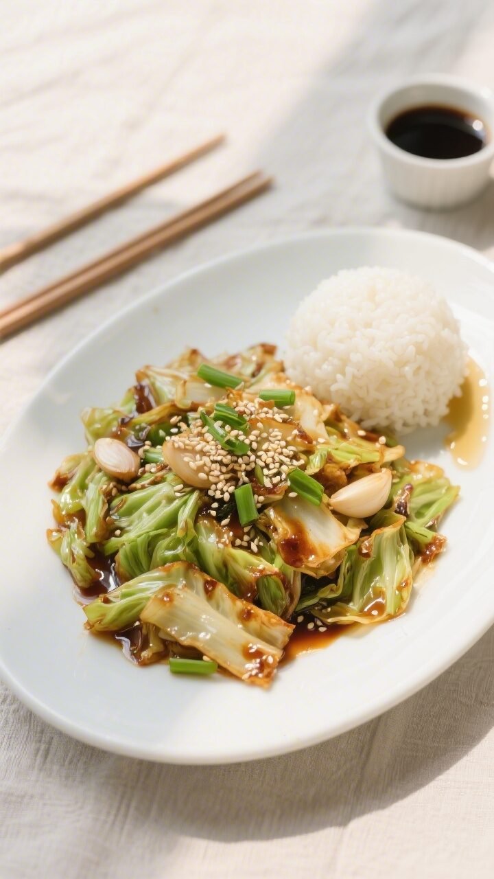 Final plated overhead: Beautifully plated garlic cabbage stir fry on a wide white ceramic plate, vib