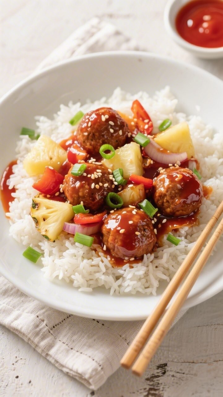 Final plated overhead: Overhead shot of beautifully plated sweet and sour meatballs over fluffy stea