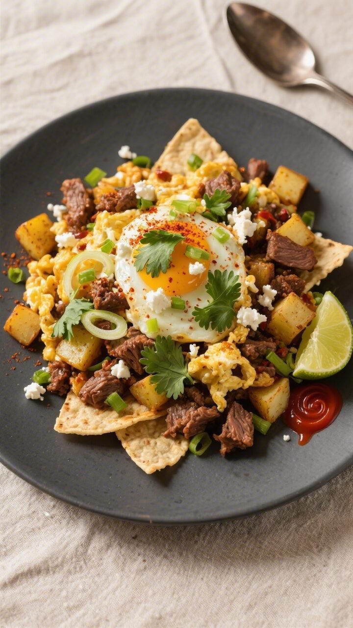 Final plated overhead: Overhead shot of Spicy Lamb & Potato Migas on a matte charcoal plate, piled r