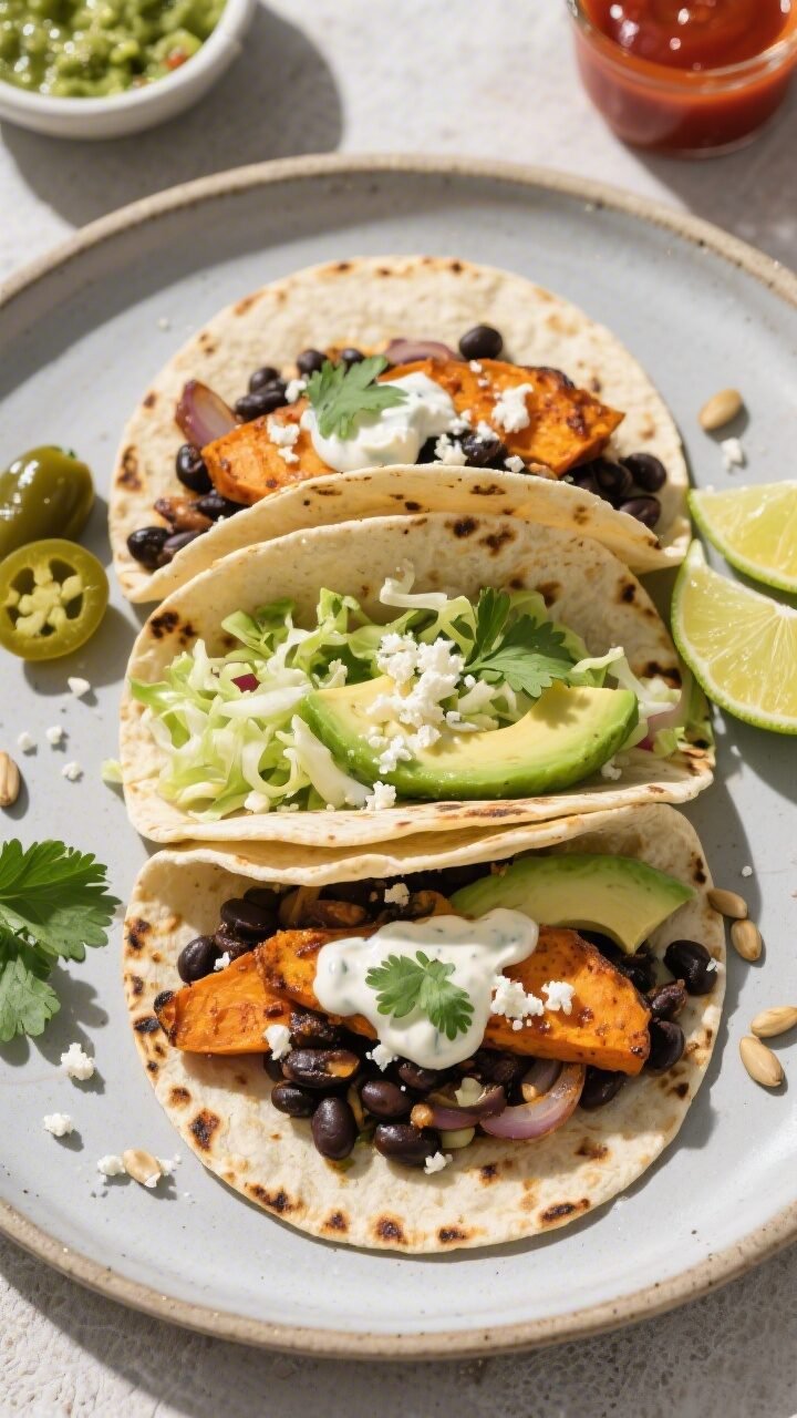 Final plated overhead: Sweet Potato Black Bean Tacos assembled on lightly charred corn tortillas, sh