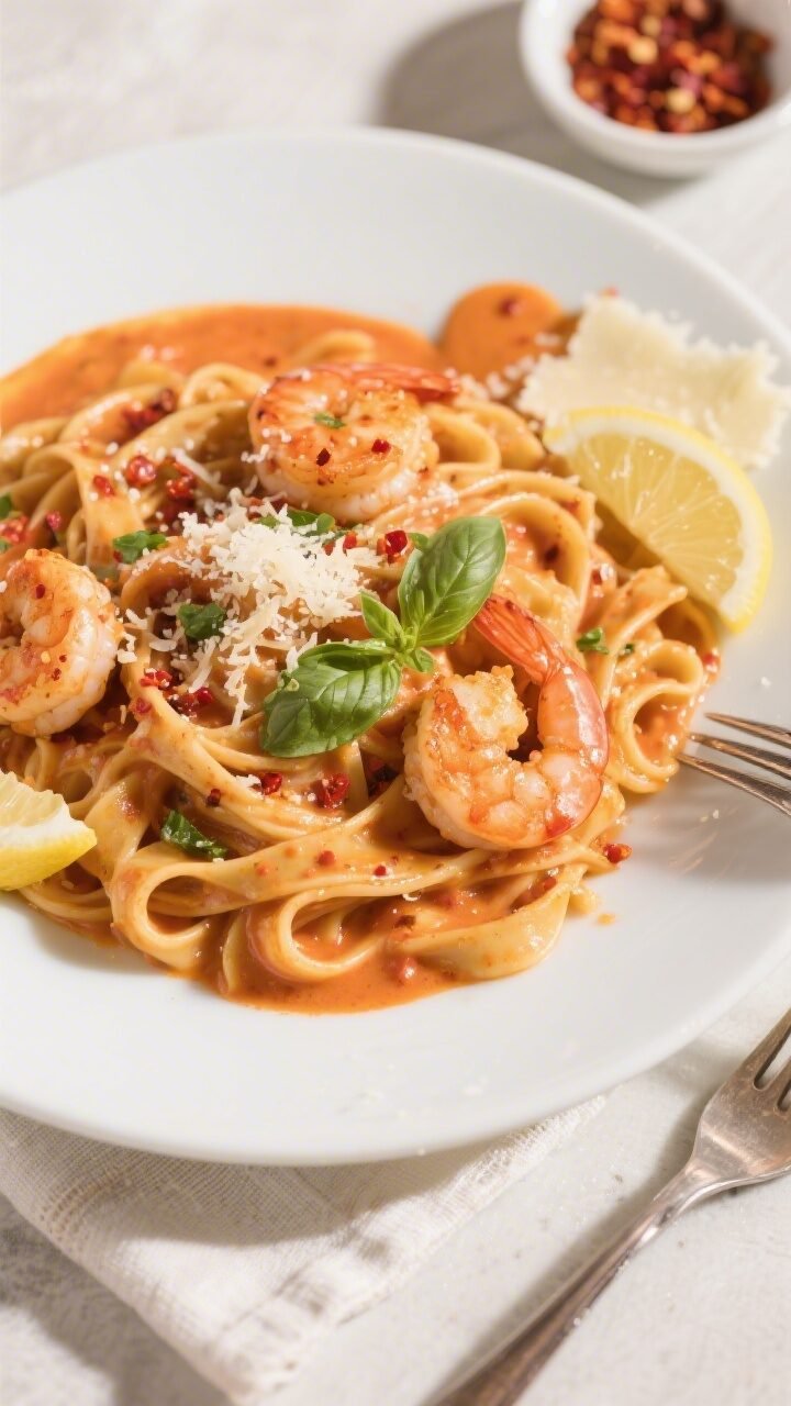 Final plated overhead: Tasty of Creamy Tomato Shrimp Fettuccine twirled into loose nests on a wide w