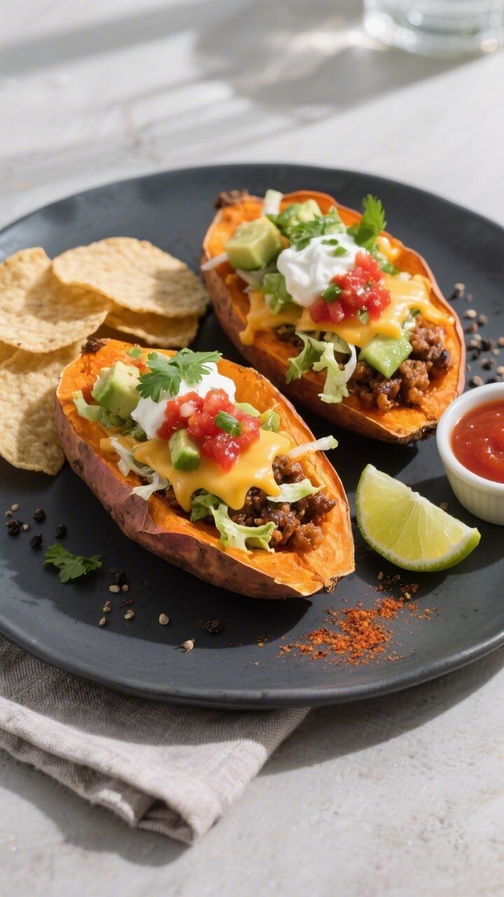 Final plated overhead: Tasty top-down shot of two taco-stuffed sweet potatoes on a matte charcoal pl
