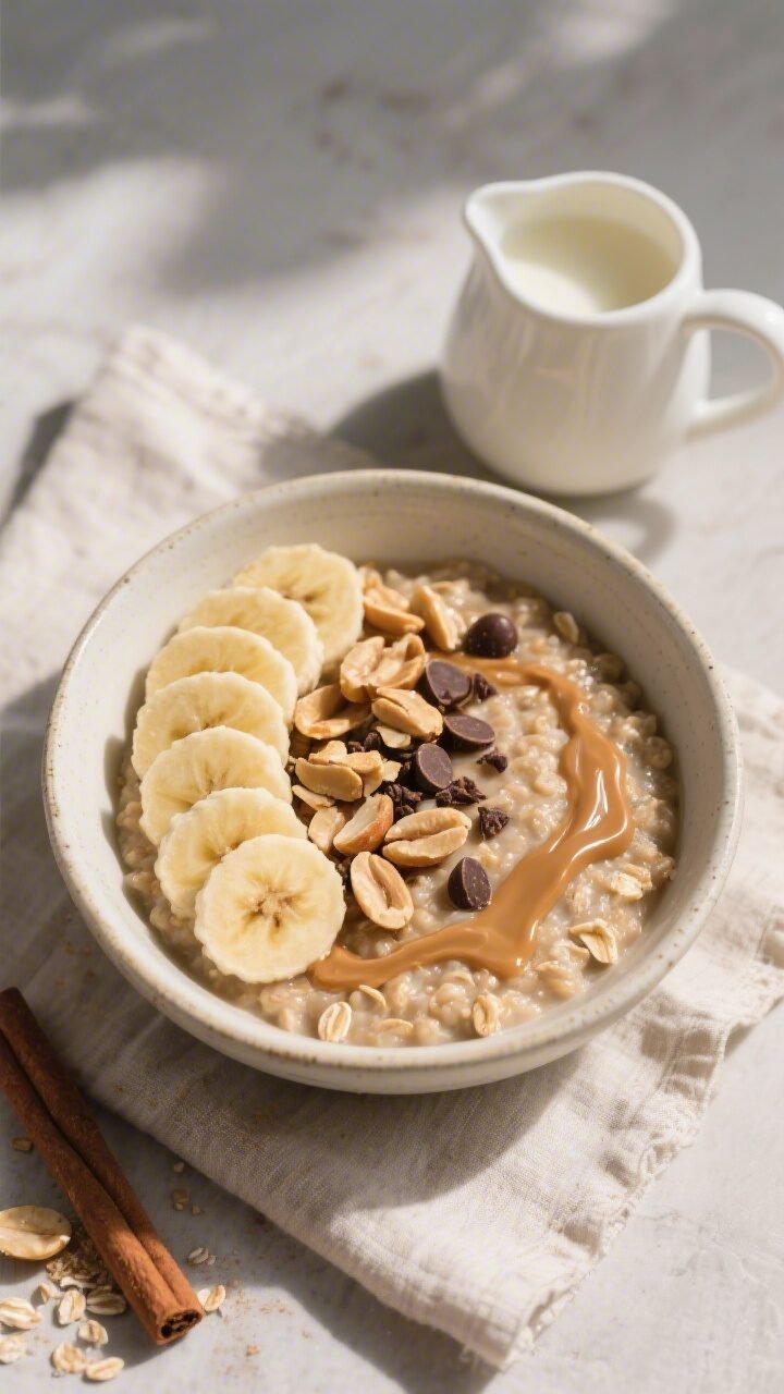 Final plated overhead: Tasty top view of a bowl of slow cooker peanut butter banana oatmeal, thick a