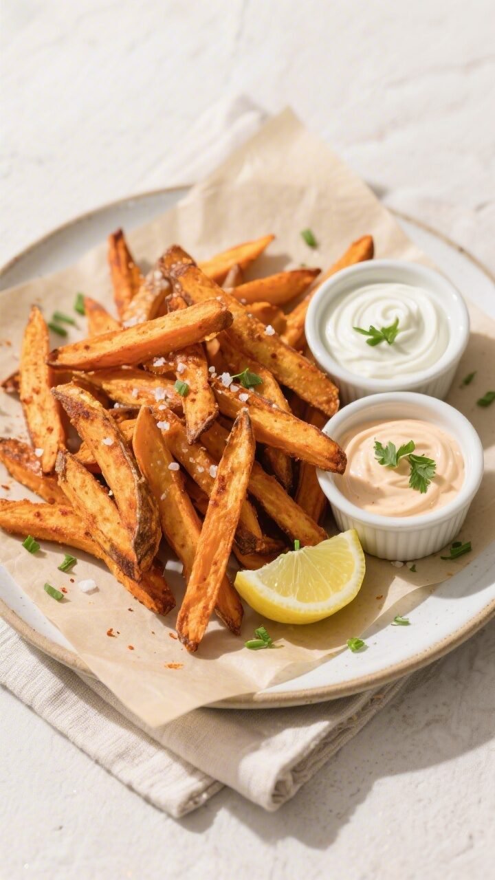 Final plated overhead: Tasty top-view of golden, ultra-crispy air fryer sweet potato fries piled on