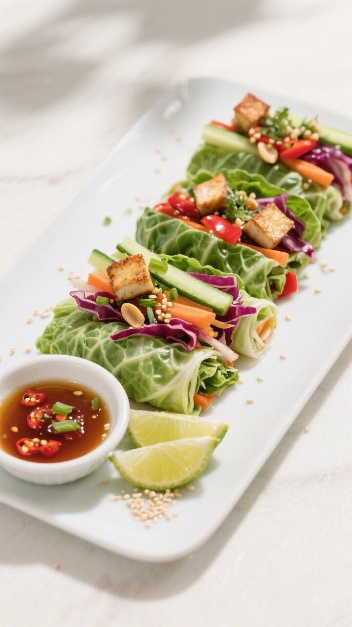 Final plated overhead: Tidy row of finished cabbage leaf wraps, seam-side down, cut on a bias to rev