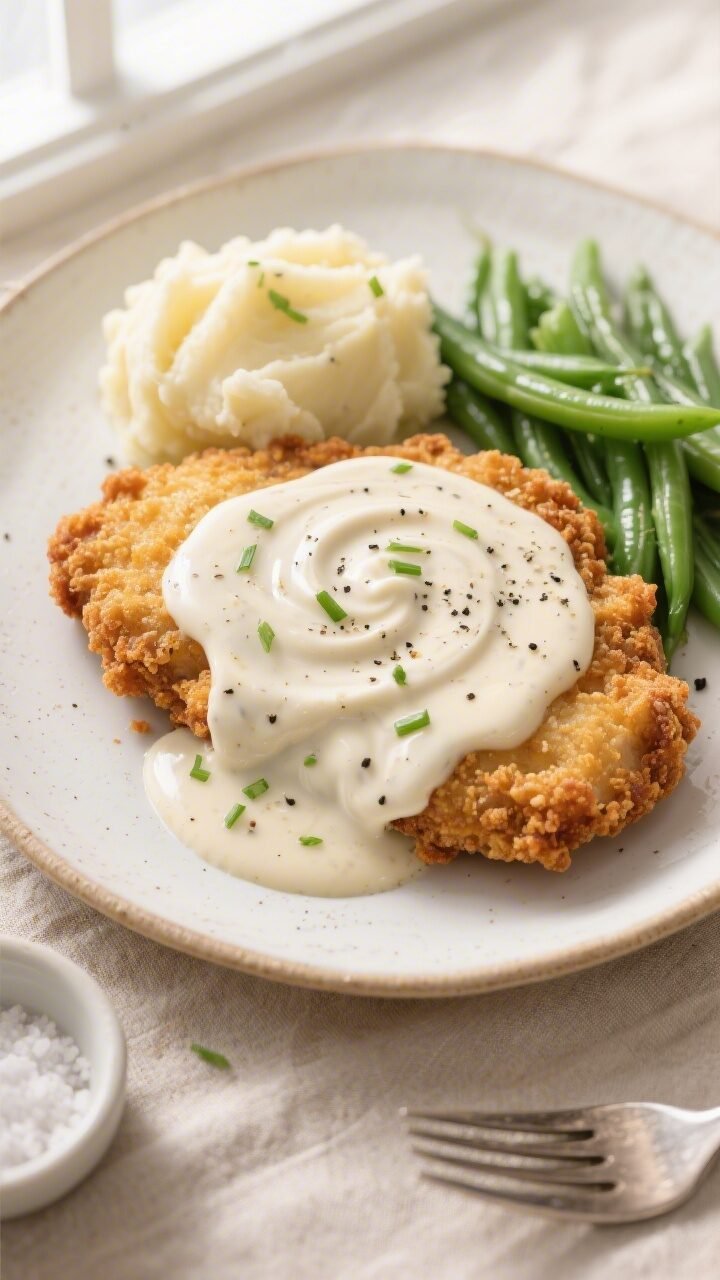 Final plated overhead: Top-down shot of a chicken fried steak on a warm white ceramic plate, smother