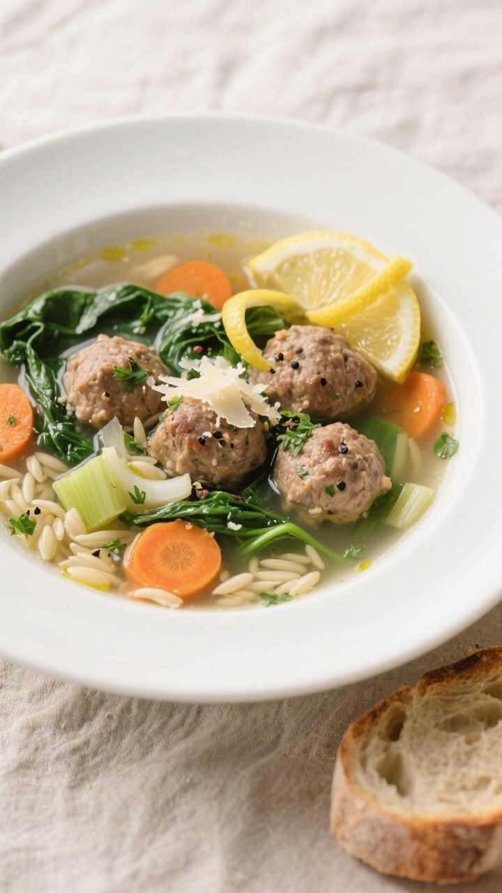 Final plated overhead: Top-down shot of Healthy Turkey Meatball Soup in a wide white bowl—plump tu