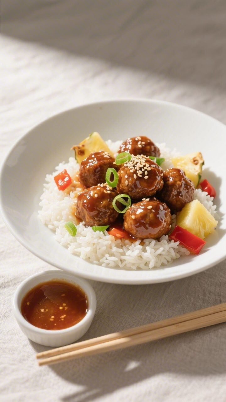 Final plated presentation: sweet & sour meatballs over fluffy steamed jasmine rice in a wide, shallo