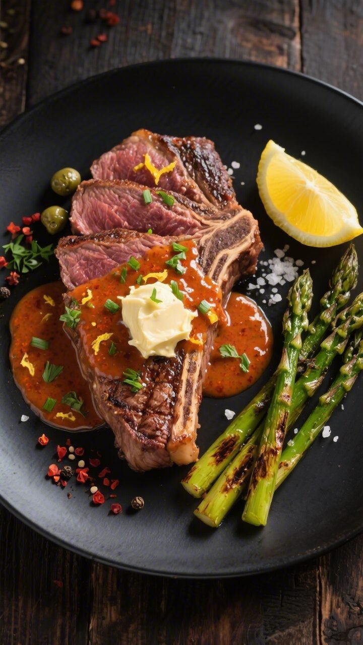 Final plated steak with sauce, overhead: Perfectly seared medium-rare ribeye sliced and fanned on a