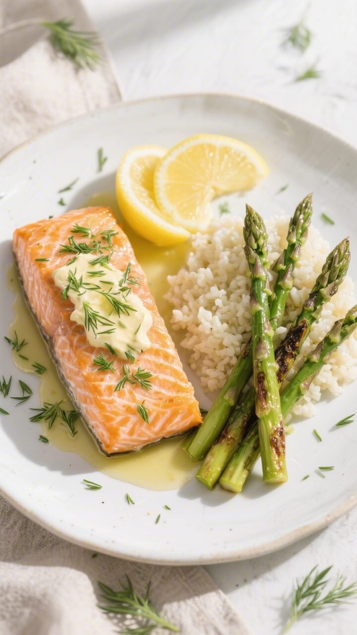 Final plated, tasty top view: Overhead shot of beautifully plated air fryer keto salmon with lemon-d