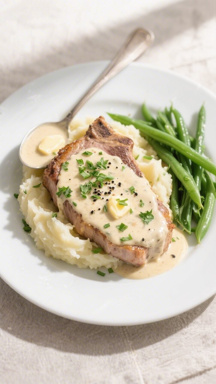 Final plated, tasty top view: Overhead shot of beautifully plated creamy ranch pork chops over butte