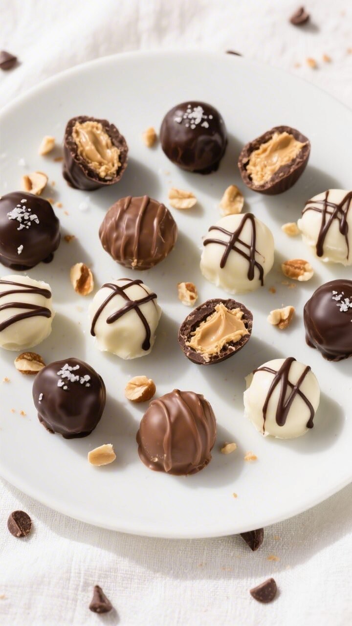 Final plated, tasty top view: Overhead shot of finished Cool Whip Peanut Butter Candy Bites arranged