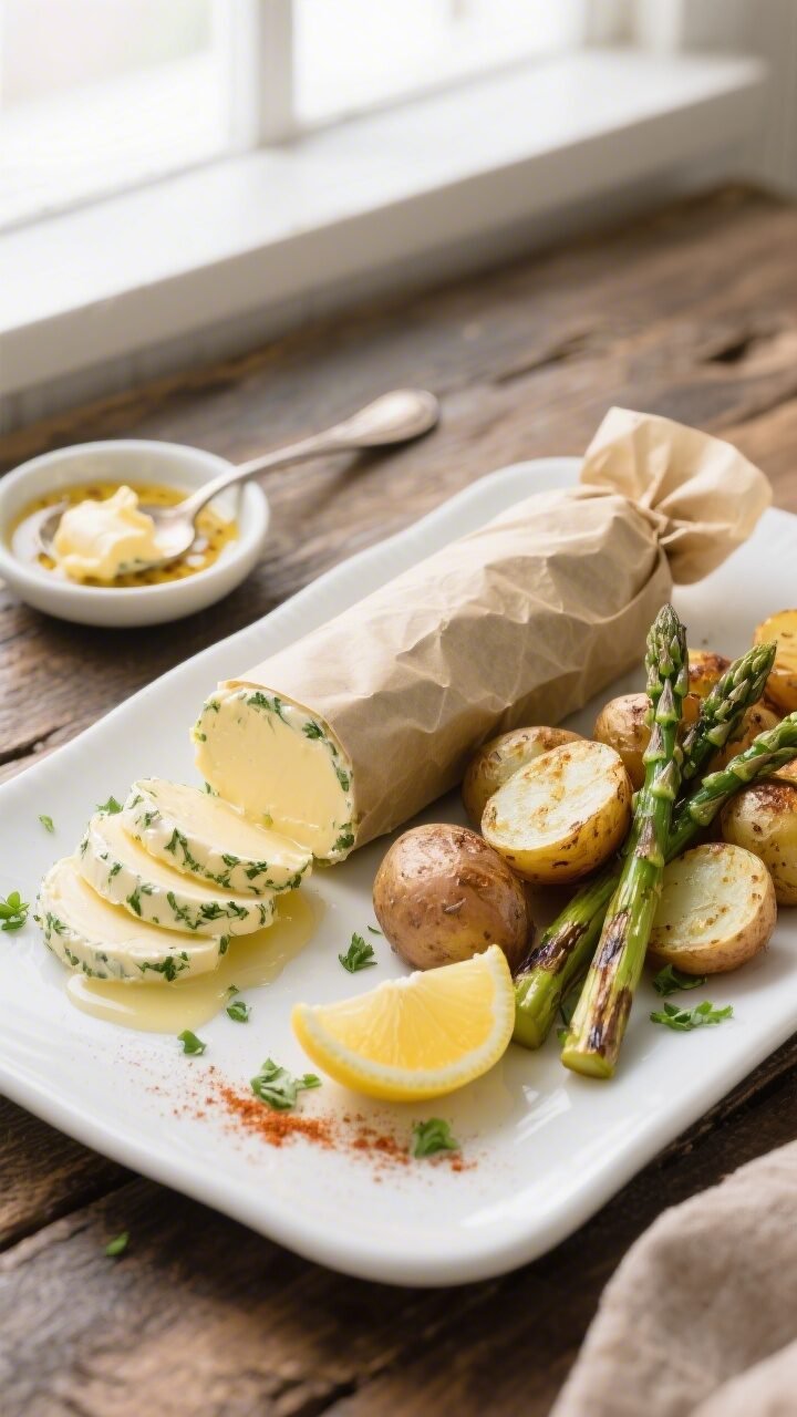Overhead final and make-ahead: Tasty top-down shot of a parchment-wrapped log of Garlic Herb Cowboy