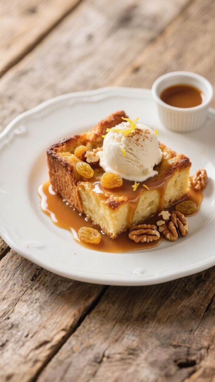 Overhead final presentation: a neatly cut square of apple bread pudding on a white ceramic plate, gl
