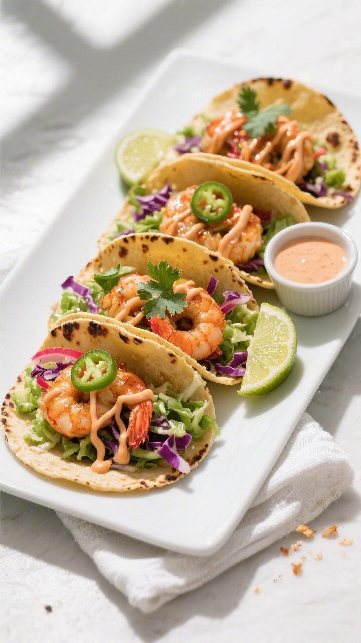 Overhead final presentation of Bang Bang Shrimp Tacos: warm charred corn tortillas lined up on a mat