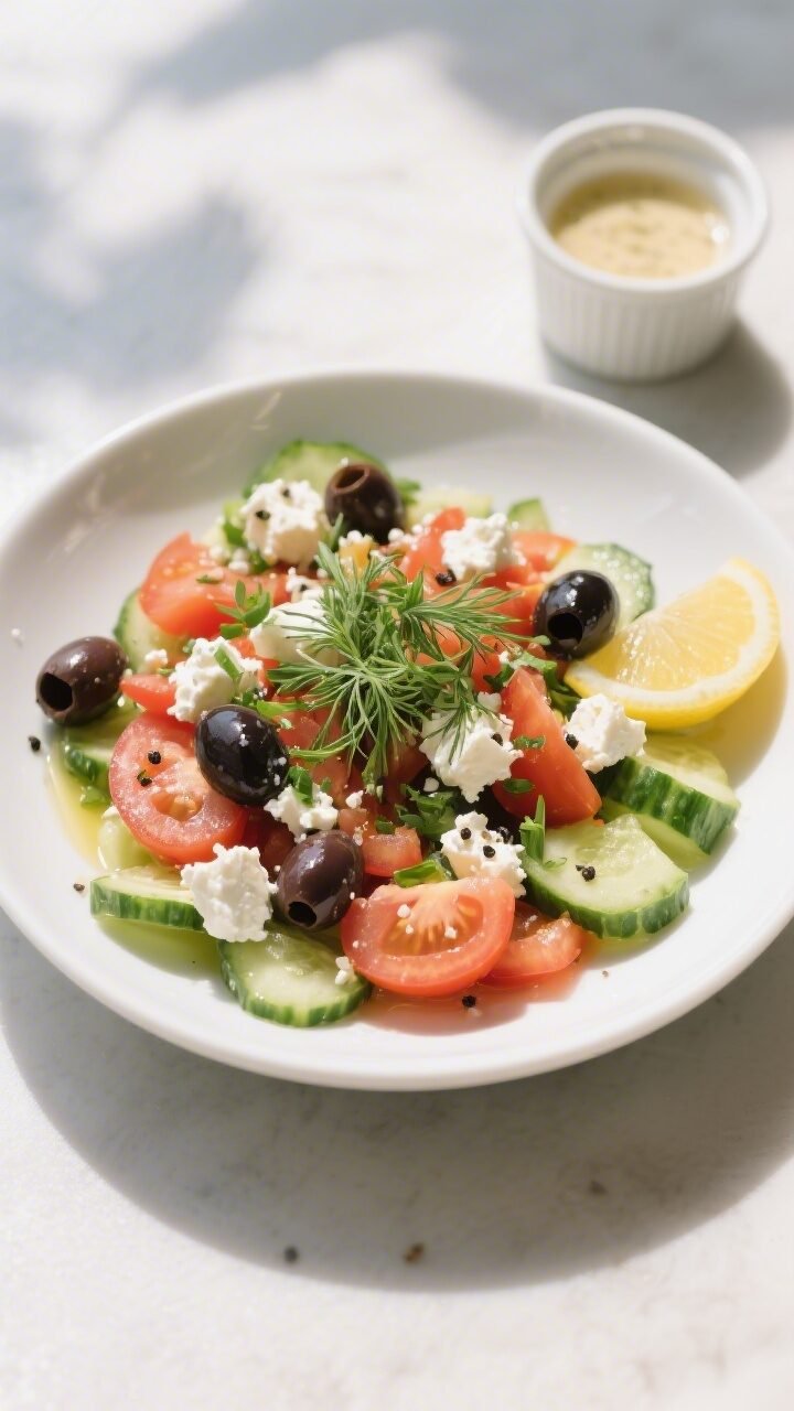 Overhead final presentation of the Tomato Cucumber Summer Salad plated for serving: a wide shallow w