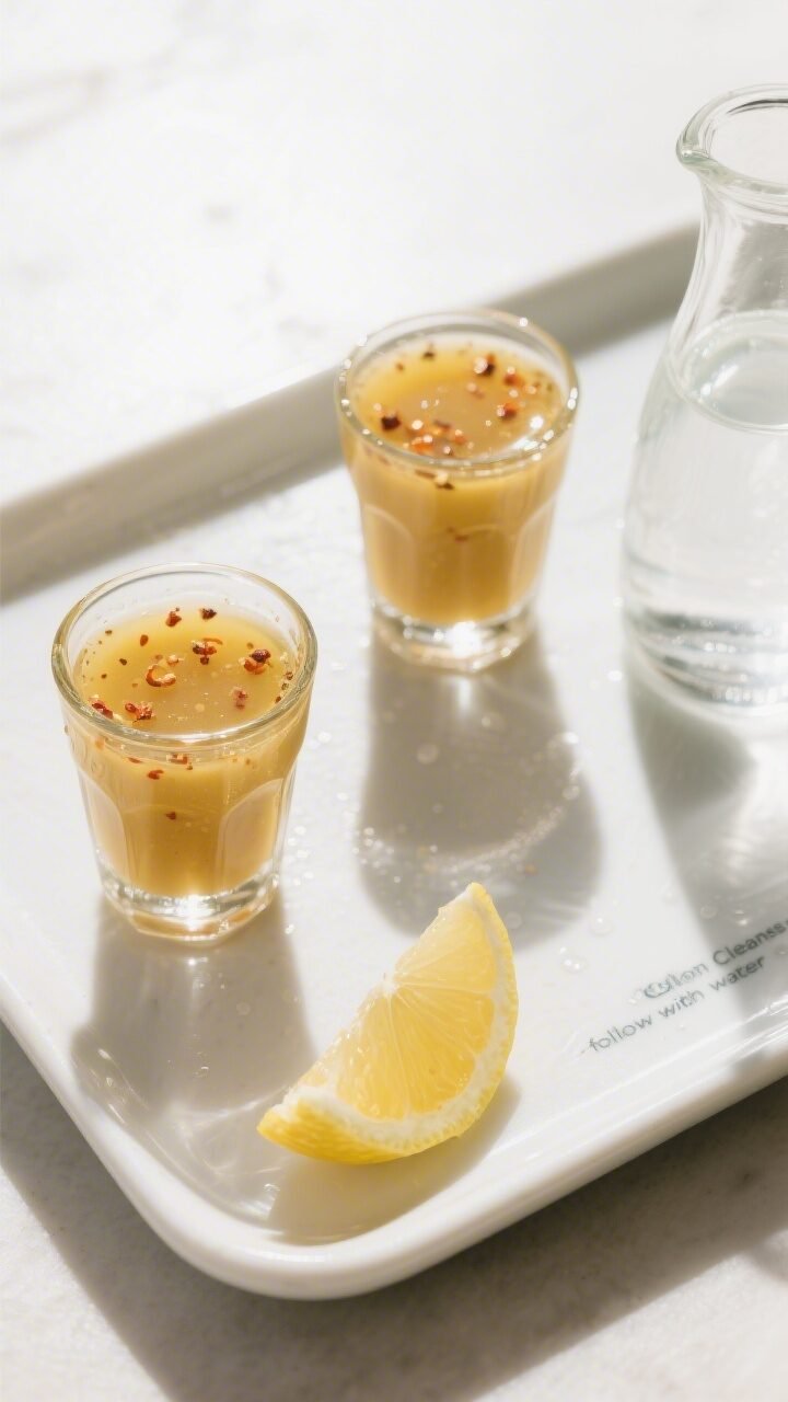 Overhead final presentation of two 2–3 oz shot glasses filled with the finished Colon Cleanse Juic