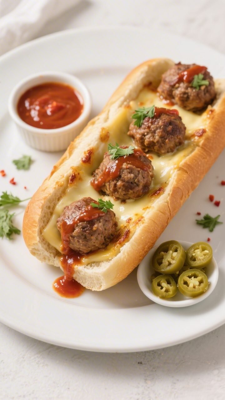 Overhead final presentation: turkey meatball subs assembled on toasted hoagie rolls with a base smea