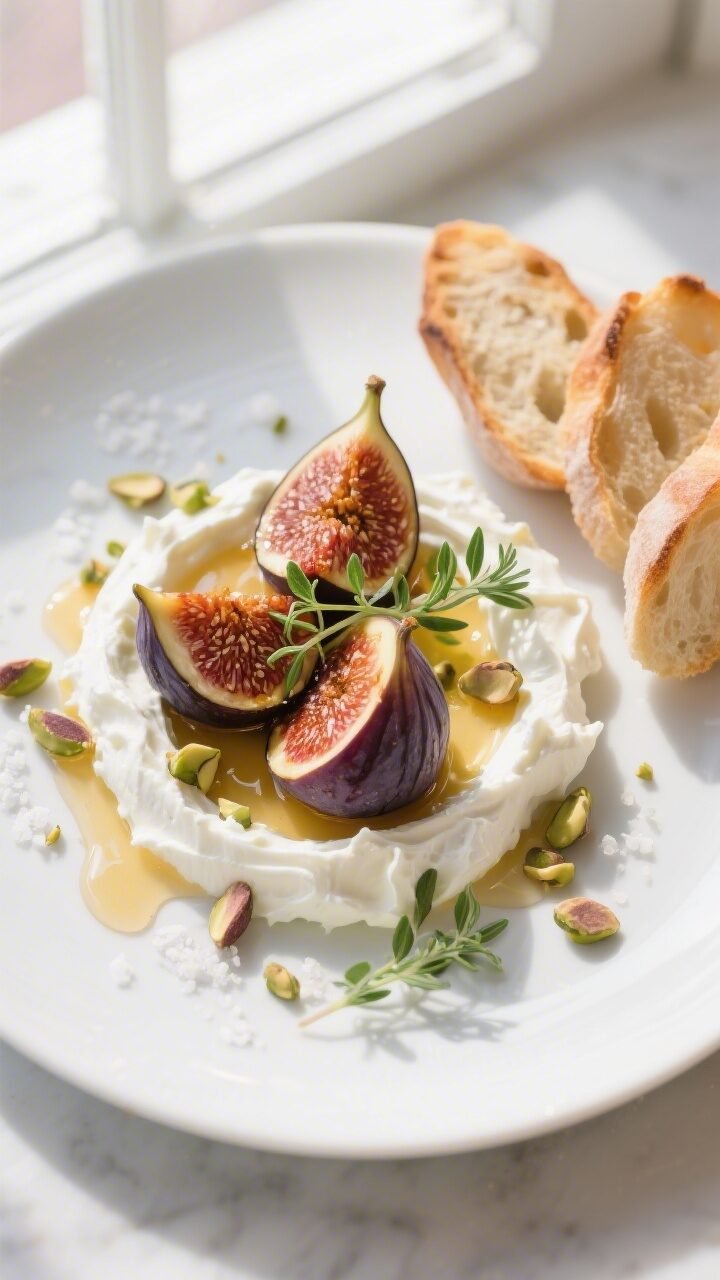 Overhead final presentation: warm honey-roasted figs nestled on a creamy swoosh of whipped goat chee