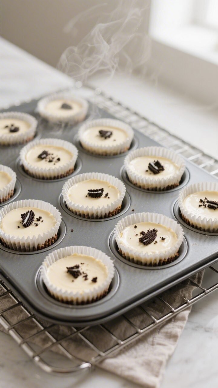 Overhead shot of a 12-cup muffin tin just out of the oven, each liner holding a baked mini Oreo chee