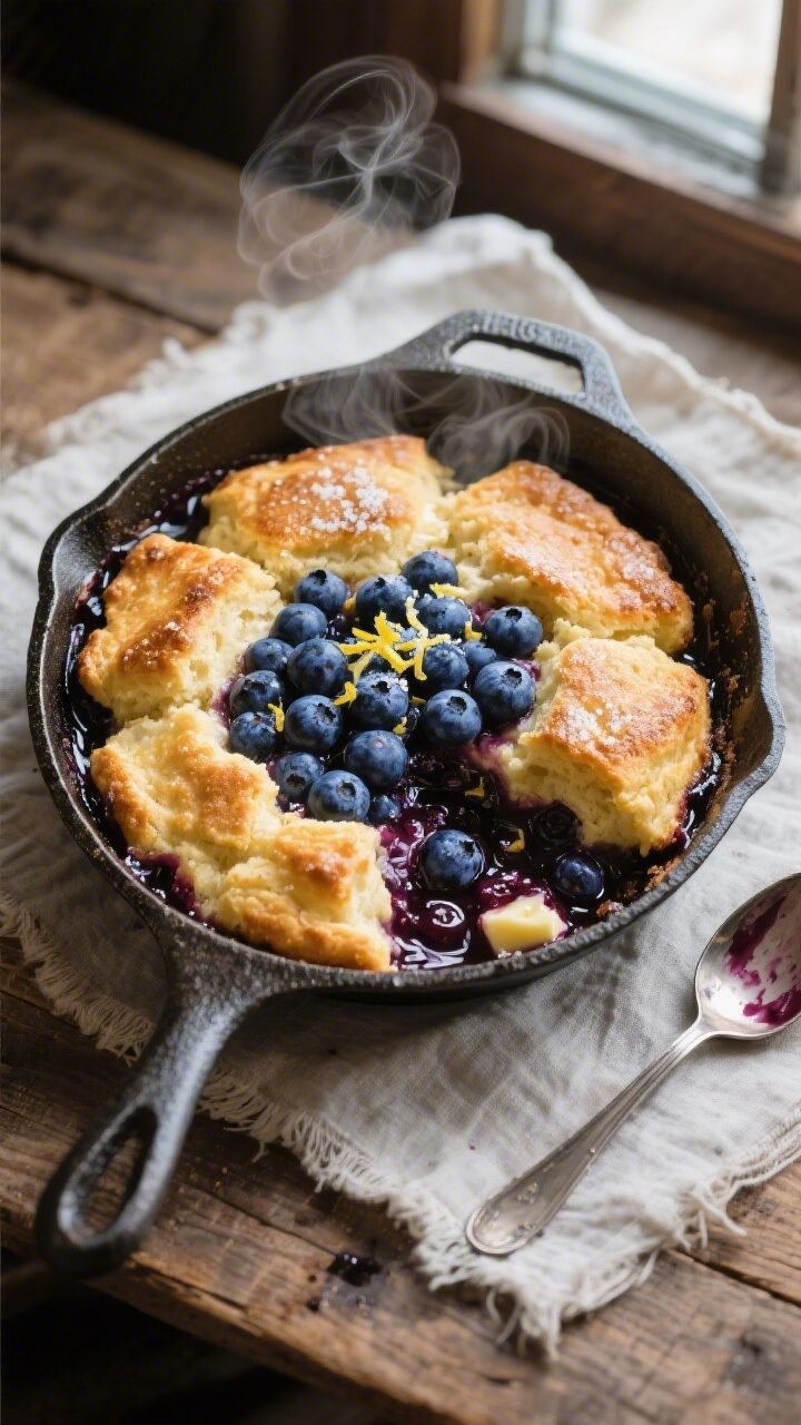 Overhead shot of a bubbling skillet blueberry cobbler just pulled from the oven in a 10-inch cast-ir