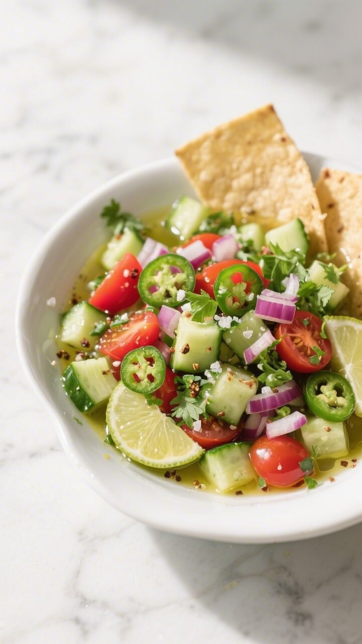Overhead shot of a finished cucumber salsa in a wide, shallow white bowl, bean-sized dice of English