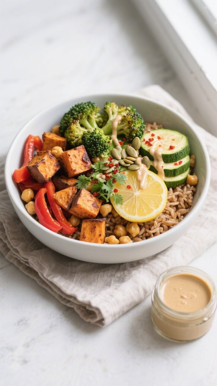Overhead shot of a freshly assembled Daniel Fast Roasted Veggie Bowl: caramelized sweet potato cubes