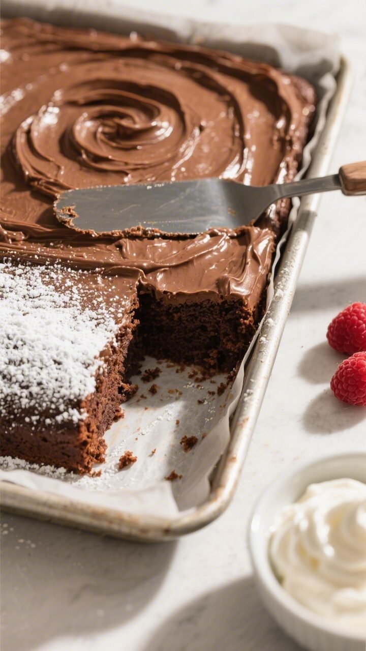 Overhead shot of a freshly baked one-bowl chocolate sheet cake in a 9x13 pan, still in parchment, wi