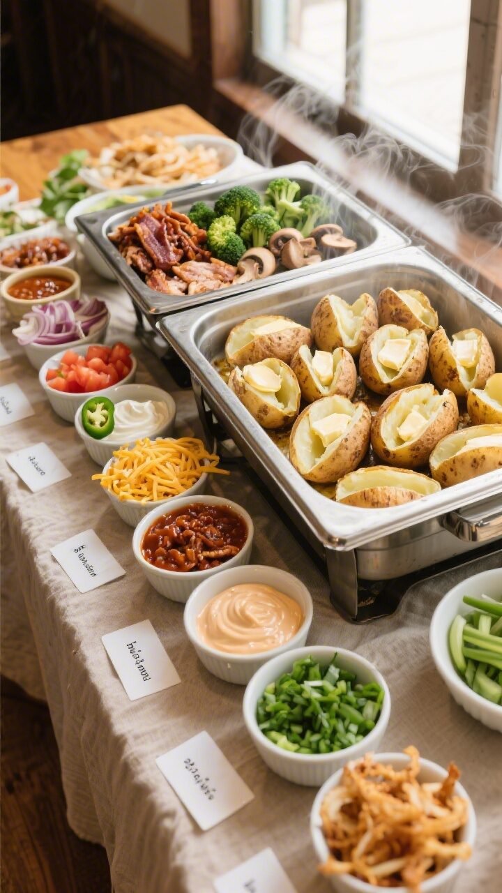Overhead shot of a fully loaded baked potato bar setup, cooked and ready to serve: a warm chafing di